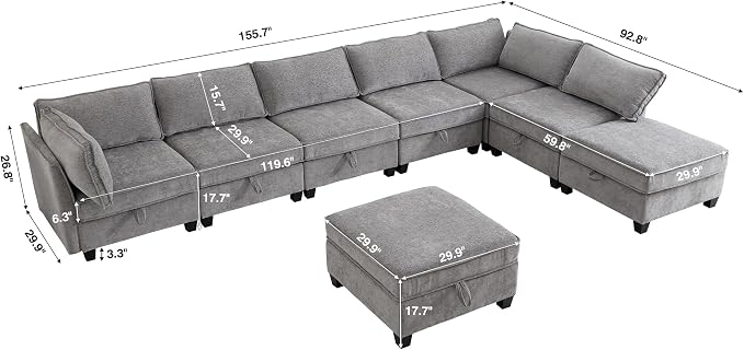 ORRD Oversized Modular Sectional Sofa Set, Convertible U Shaped Couch with Storage, 8 Seater Sofa Modular with Ottomans and Reversible Chaise for Living Room, Office (Grey)