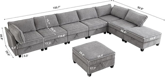 ORRD Oversized Modular Sectional Sofa Set, Convertible U Shaped Couch with Storage, 8 Seater Sofa Modular with Ottomans and Reversible Chaise for Living Room, Office (Grey)