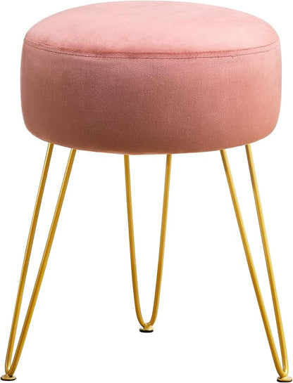 LUE BONA Vanity Stool, Pink Vanity Stools for Makeup Room, Round Ottoman Foot Stool, Velvet Footrest Vanity Chair for Bathroom Vanity, Bedroom, Living Room, Entryway, Offices, 300lbs