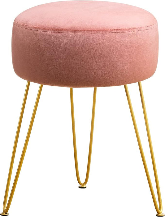 LUE BONA Vanity Stool, Pink Vanity Stools for Makeup Room, Round Ottoman Foot Stool, Velvet Footrest Vanity Chair for Bathroom Vanity, Bedroom, Living Room, Entryway, Offices, 300lbs