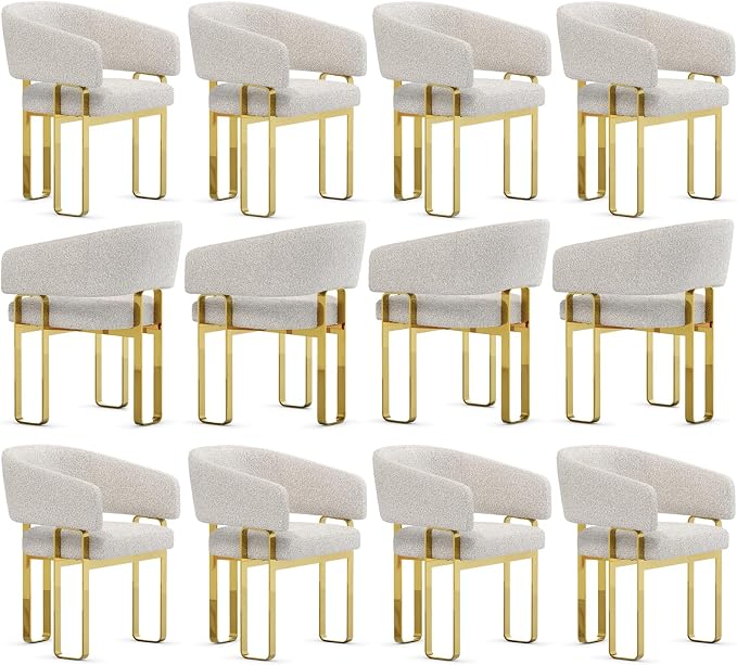 Boucle Dining Chairs, Off White Barrel Arm Chairs with U-Shaped Mirrored Gold Legs, Modern Side Chairs for Dining Table, Kitchen and Dining Room Restaurant Recepition,Set of 12