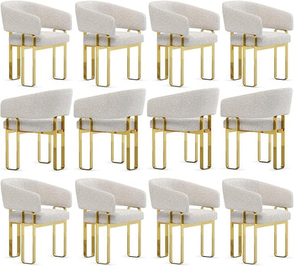 Boucle Dining Chairs, Off White Barrel Arm Chairs with U-Shaped Mirrored Gold Legs, Modern Side Chairs for Dining Table, Kitchen and Dining Room Restaurant Recepition,Set of 12