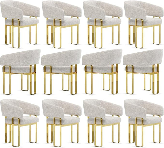 Boucle Dining Chairs, Off White Barrel Arm Chairs with U-Shaped Mirrored Gold Legs, Modern Side Chairs for Dining Table, Kitchen and Dining Room Restaurant Recepition,Set of 12