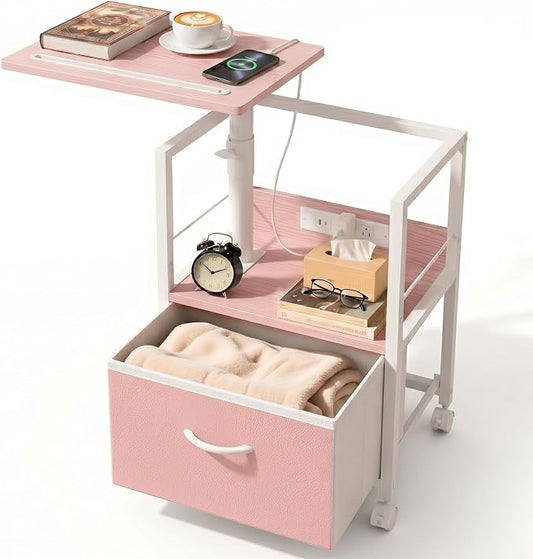 Faesun Swivel Lift Top Nightstand with Charging Station, Rolling Side Table for Recliner, Bedside Table with Wheels & a Fabric Drawer, for Small Spaces, for Bedroom, Living Room, Pink