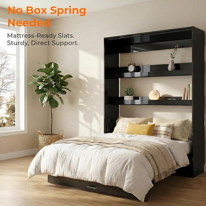 CECER Queen Vertical Murphy Wall Bed，Space Saving for Offices/Guest-Black | Durable Gas-Lift for smooth folding，16 Color Controllable LED Lights，Sturdy frame ＆ Easy Assemble，High Gloss Panel