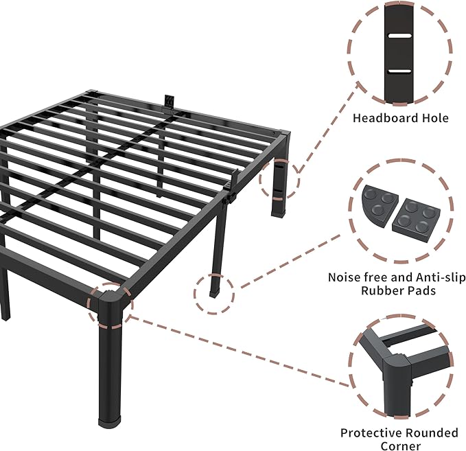 ROIL 18 Inch Twin XL Bed Frame with Rounded Corner and Headboard Hole Mattress Retainers 3500LBS Metal Heavy Duty Steel Slats No Box Spring Needed Platform Noise-Free Easy Assembly