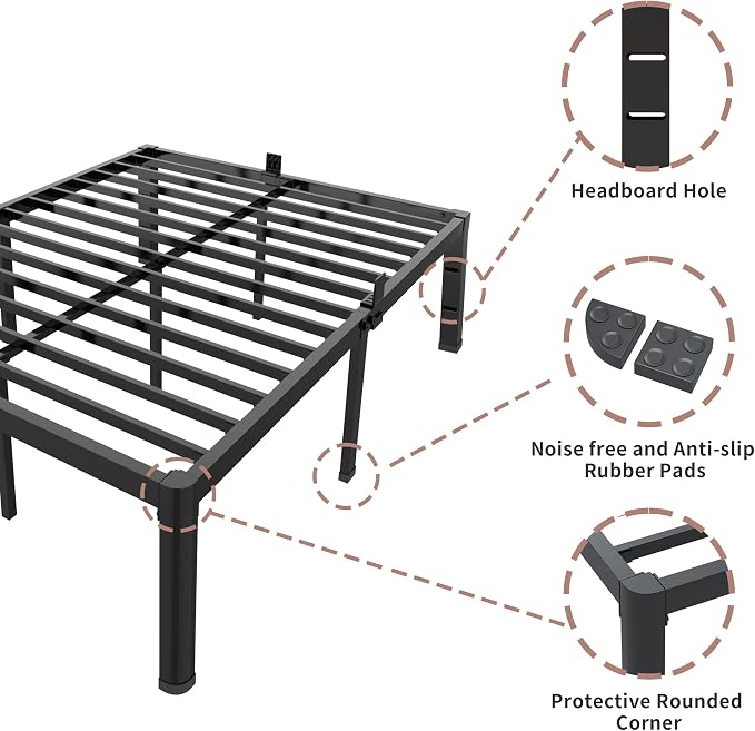 ROIL 18 Inch King Bed Frame with Rounded Corner and Headboard Hole Mattress Retainers 3500LBS Metal Heavy Duty Steel Slats No Box Spring Needed Platform Noise-Free Easy Assembly