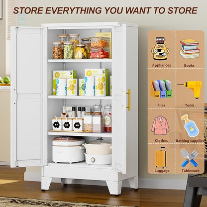 47" White Metal Storage Cabinet with 2 Doors and 3 Adjustable Shelves,Steel Garage Tool Cabinet, File Cabinet,Kitchen Pantry Cabinet for Home,Office,Garage,School,Warehouse