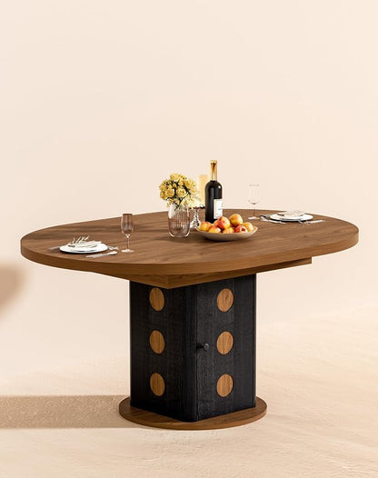43"-59" Extendable Round Dining Table for 4-8, Oval Kitchen Table with Hidden Storage, Modern Farmhouse Wooden Dining Room Table for Kitchen Living Room, Walnut