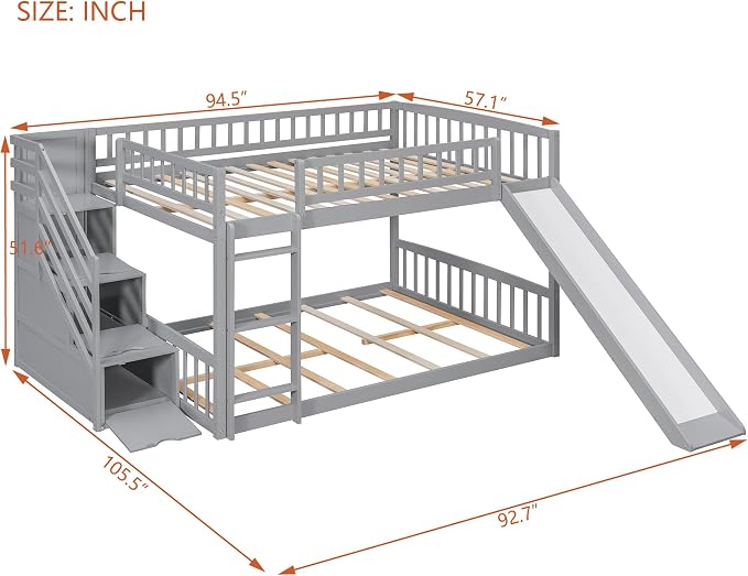RUNNA Full Over Full Bunk Bed, Staircase with Drawers, Slide, Ladder | full over full bunk bed, staircase with drawers, convertible slide and ladder, solid pine wood, guardrails, no box spring