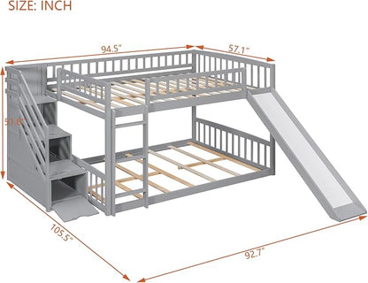 RUNNA Full Over Full Bunk Bed, Staircase with Drawers, Slide, Ladder | full over full bunk bed, staircase with drawers, convertible slide and ladder, solid pine wood, guardrails, no box spring