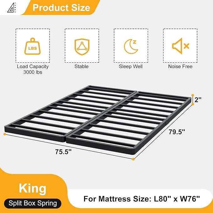Lutown-Teen 2 Inch Split King Box Spring Low Profile, Heavy Duty Metal Bunkie Board King, Easy Assembly, Noise Free