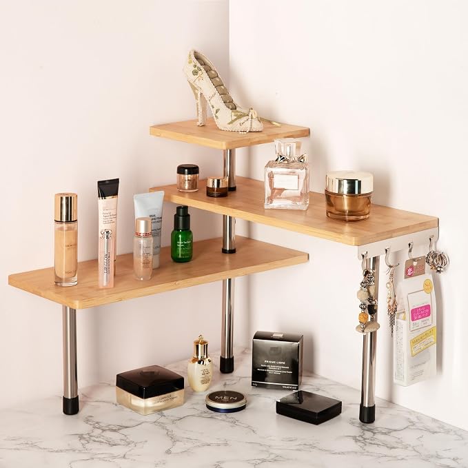 3-Tier Corner Shelf, Bamboo & Metal Storage Rack with Hooks, Adjustable Countertop Organizer for Kitchen, Bathroom, Bedroom or Office