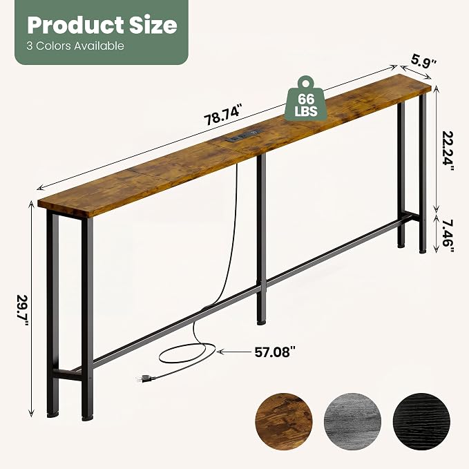 GRLEAF 78" Sofa Table with Built-in Power Strip (2 AC Outlets & 2 USB Ports) – 4.9ft Power Cord, Metal Frame, Easy Assembly, Long Couch Table Behind Sofa, Living Room and Home Office | Rustic Brown