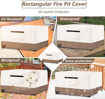 Fire Pit Cover Rectangular, Outdoor Heavy Duty 600D 100% Waterproof Tear-Resistant 52 Inch Fire Table Cover Rectangle, Patio Gas Fire Pit Table Covers, Beige 52" L x 34" W x 24" H