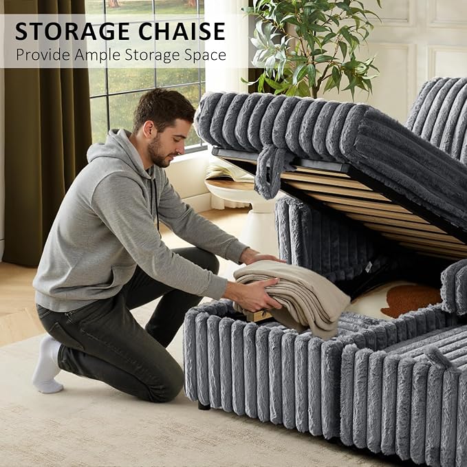 KCGKCG Sleeper Sofa Bed, 81” Pull Out Couch Bed with Reversible Storage Chaise, 3 in 1 L-Shaped Couch with Charging Station, Cup Holder, Side Pocket, Plush Corduroy Couches for Living Room(Light Grey)