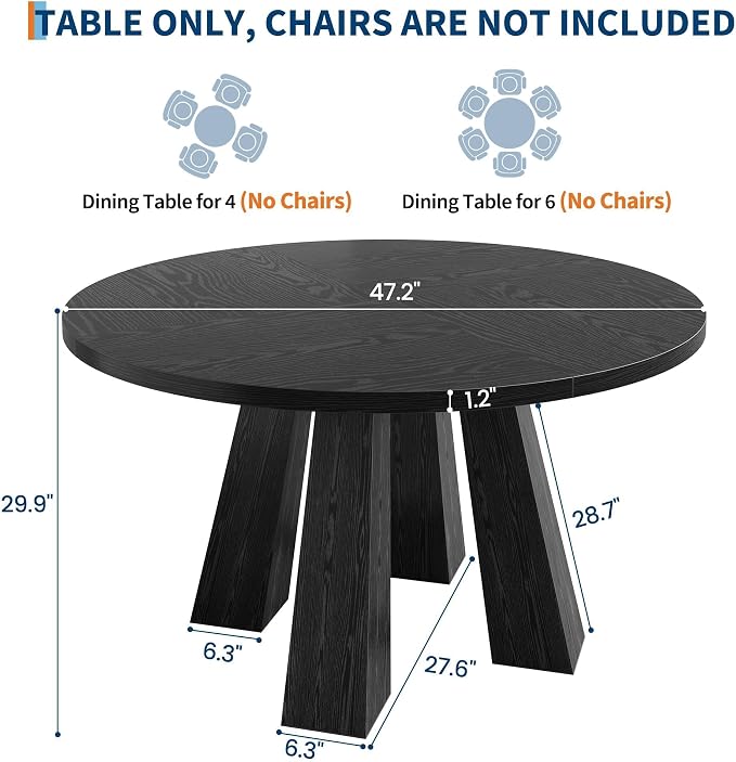 IDEALHOUSE 47" Round Dining Table for 4-6, Wood Kitchen Table with Sturdy Base, Farmhouse Circle Dinner Table for Dining Room, Living Room, 4 Strong Legs, Black
