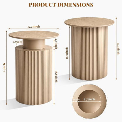 24" Fluted End Table Reversible, Hidden Storage, Natural Oak | Mid Century Modern Nightstand, Bedside Table, Cylinder Side Table, Pre-Threaded MDF, for Bedroom Living Room Office