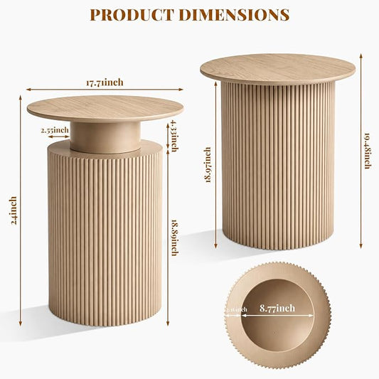 24" Fluted End Table Reversible, Hidden Storage, Natural Oak | Mid Century Modern Nightstand, Bedside Table, Cylinder Side Table, Pre-Threaded MDF, for Bedroom Living Room Office
