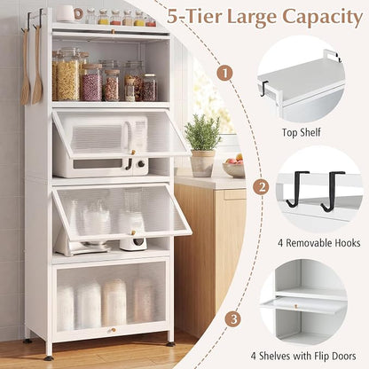 Giantex 5-Tier Kitchen Storage Cabinet, Freestanding Metal Pantry Cabinet w/ 4 Flip-up PC Doors, 4 Hooks & Adjustable Feet, 60” Tall Bakers Rack Microwave Stand for Dining Room, Living Room, White