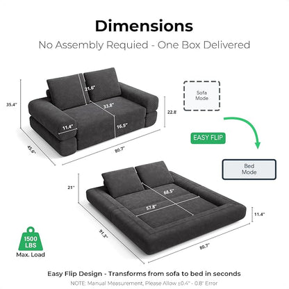 LIKIMIO FlipNest Convertible Sleeper Sofa Bed Floor Sofa 3-in-1 No Assembly, Foldable Mattress with Corduroy Upholstery Dark Grey, Lounge Loveseat Couch for Living Room Studio Guest Room