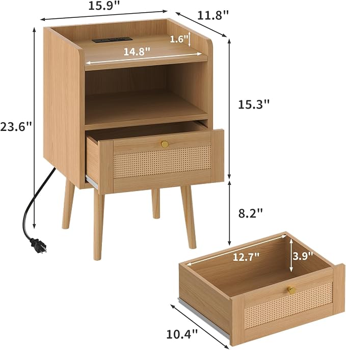 MECHYIN Night Stand Set 2, Nightstands Set of 2 with Charging Station, Rattan Side Tables with Solid Wood Legs, Boho Bedside End Table for Apartment Bedroom Dorm Small Space