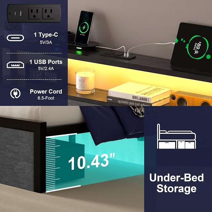 Full Bed Frame with LED Lights and Charging Station, Platform Bed with Metal Slats, Wood Headboard with 2 Fabric Drawers and Storage Shelves, No Box Spring Needed