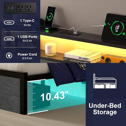 Full Bed Frame with LED Lights and Charging Station, Platform Bed with Metal Slats, Wood Headboard with 2 Fabric Drawers and Storage Shelves, No Box Spring Needed