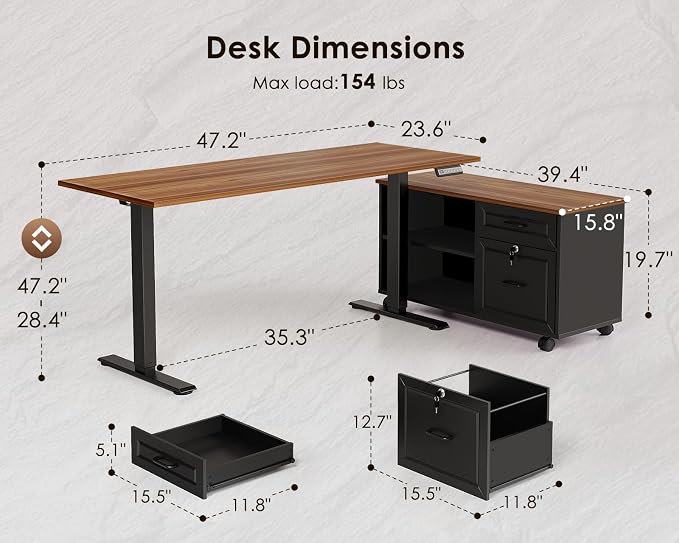 OffiGo 48 Inch L Shaped Electric Standing Desk with Drawers & File Cabinet Sets, Executive Sit Stand Desk, Height Adjustable Computer Desk for Home Office, Writing, Workstation, Walnut+Black