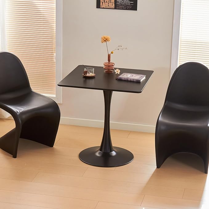 Square Dining Table, 27.6" Tulip Table with Thickened Tabletop & Metal Pedestal, Mid Century Modern Bistro Table for Kitchen, Small Places, Living Room, Cafe (Black)