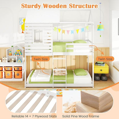 Giantex Wood Bunk Bed Twin Over Twin, House Bed Frame with Ladder and Guardrail, Floor Bunk Bed with Wood Slats for Kids, Girls, Boys, Dormitory and Bedroom, No Box Spring Needed, White