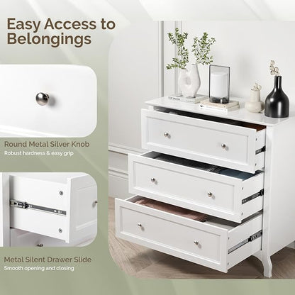 VINGLI White Dresser 3 Drawer Chest of Drawers for Bedroom, Painted Wood Dresser with Large Drawers and Curved Legs, 31.5" W Large Nightstand, 31.5" W*15.75" D*31.5" H