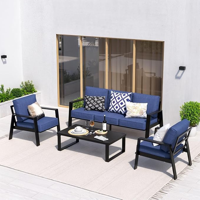 Aluminum Outdoor Patio Furniture Set, 4 Piece Sectional Coversation Sets with Coffee Table, Modern Outdoor Sofa Couch with Thick Cushions for Porch, Balcony, Garden (Black/Blue)
