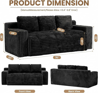 70” Boneless Couch, 3 Seater Sofa Couch with Extra Deep Seats 3 Pillows,Corduroy Modern Small Couch for Living Room, Office, Bedroom, Apartment,Black