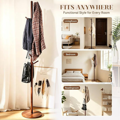 Coat Rack Freestanding- Solid Wood New Zealand Pine Hall Tree with 8 Hooks & 3 Adjustable Levels, Corner Wooden Coat Hanger for Entryway, Hallway and Small Space (Hats, Purses, Bags)
