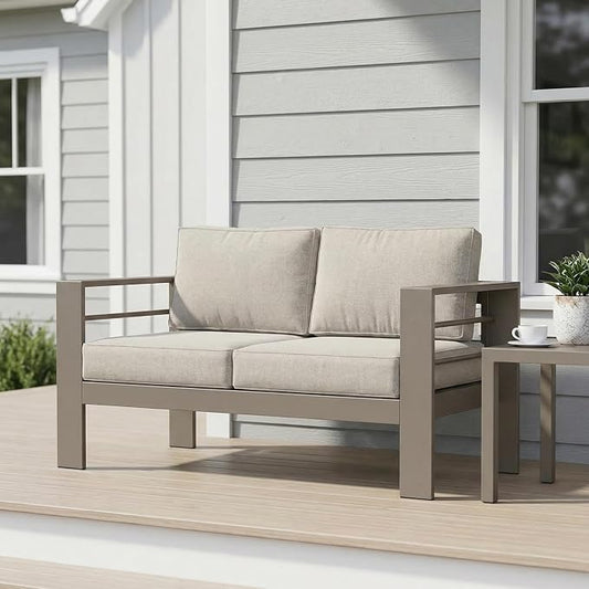 Wisteria Lane Metal Patio Furniture Sofa, All-Weather Outdoor Couch with Upgraded Cushions, Weather-Resistant Heavy Duty Modern Outdoor 2 Seats Sofa for Garden, Balcony, Deck, Backyard, Kahki Gray