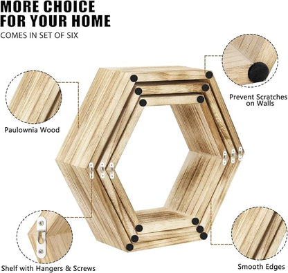 NOVIMANGO Hexagonal Floating Shelves Wall Mounted Set of 6 Wooden Hexagon Shelves Farmhouse Storage Honeycomb Shelves Hexagon Hanging Shelves Rustic Geometric Shelf for Nursery Bedroom Living Room