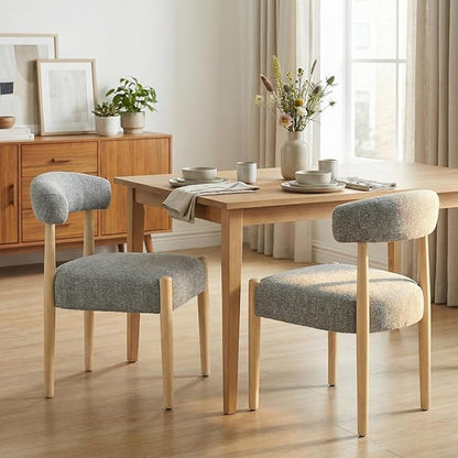 VKNOW Wooden Dining Chairs Set of 4 with Curved Open Back, Gray | Natural Rubberwood Legs, Soft Chenille Fabric, Thickened Cushion, For Adults and Family, Dining Room, Kitchen, No Wobble