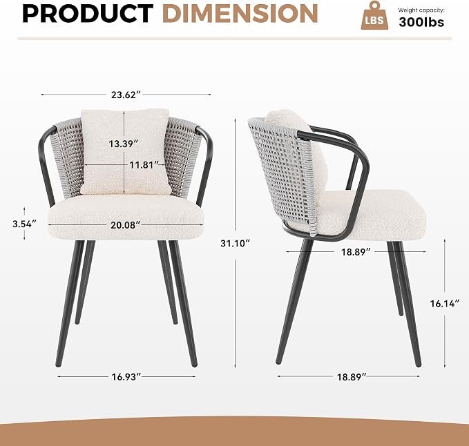 Rattan Dining Chairs Set of 4, Modern Upholstered Kitchen Chair with Metal Legs, Ergonomic Curved Backrest, Mid Century Living Room Chairs with Throw Pillow for Home, Light Grey