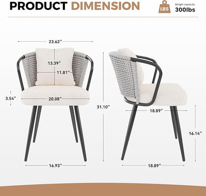 Rattan Dining Chairs Set of 4, Modern Upholstered Kitchen Chair with Metal Legs, Ergonomic Curved Backrest, Mid Century Living Room Chairs with Throw Pillow for Home, Light Grey