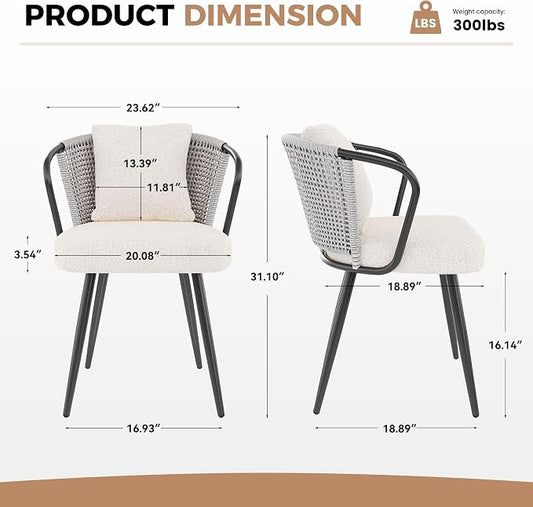 Rattan Dining Chairs Set of 4, Modern Upholstered Kitchen Chair with Metal Legs, Ergonomic Curved Backrest, Mid Century Living Room Chairs with Throw Pillow for Home, Light Grey