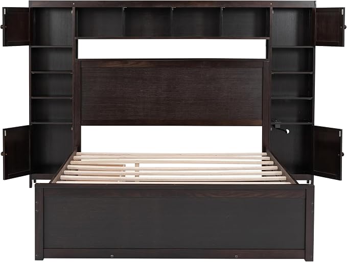 Merax Queen Size Wooden Bed with All-in-One Cabinet and Shelf, Espresso Platform Bed Frame with 2 Drawers, Trundle and Sockets