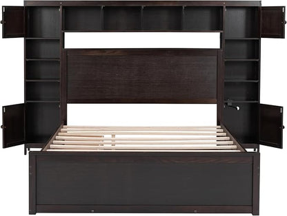 Merax Queen Size Wooden Bed with All-in-One Cabinet and Shelf, Espresso Platform Bed Frame with 2 Drawers, Trundle and Sockets