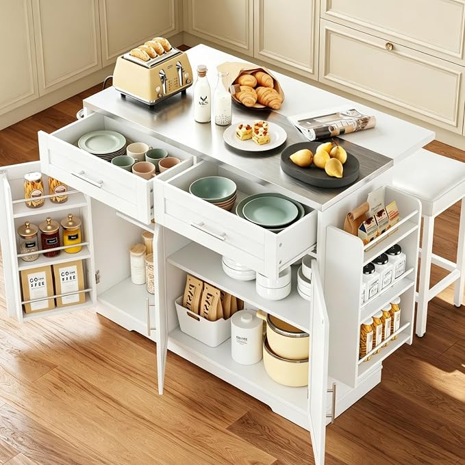 Concho 56'' Kitchen Island with Seating and Stainless Steel Countertop, Rolling Kitchen Carts on Wheels with Folding Drop Leaf, Bar Stool, Power Outlet, Spice/Towel Rack, White