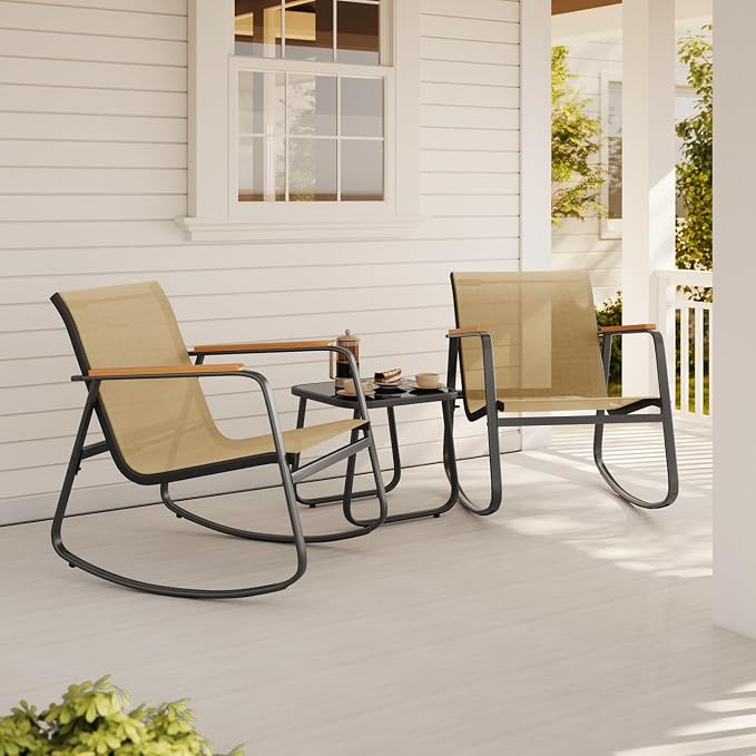 Aiho 3-Piece Patio Furniture Set, Outdoor Furniture with Textilene Fabric Rocker Chairs with Coffee Table, Patio Bistro Sets for Garden, Balcony, Poolside(Brown)