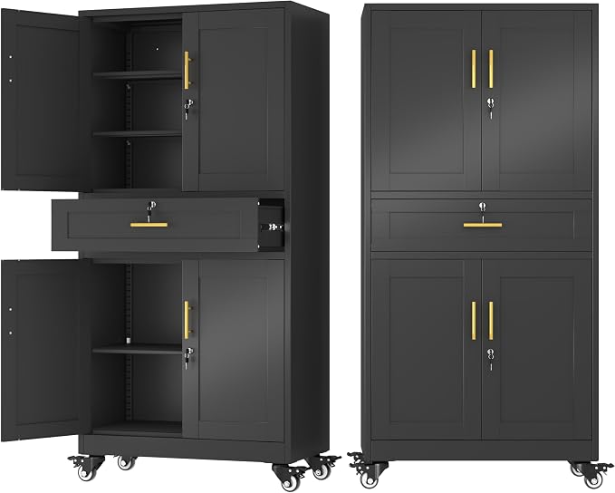 71" Metal Garage Storage Cabinet with Wheels and Locking Doors | Tall Rolling Steel Tool Cabinet with 3 Adjustable Shelves for Garage,Home Office(Black, 71" H x 35.43W x 15.74" D)