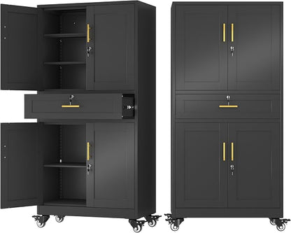 71" Metal Garage Storage Cabinet with Wheels and Locking Doors | Tall Rolling Steel Tool Cabinet with 3 Adjustable Shelves for Garage,Home Office(Black, 71" H x 35.43W x 15.74" D)