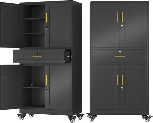 71" Metal Garage Storage Cabinet with Wheels and Locking Doors | Tall Rolling Steel Tool Cabinet with 3 Adjustable Shelves for Garage,Home Office(Black, 71" H x 35.43W x 15.74" D)
