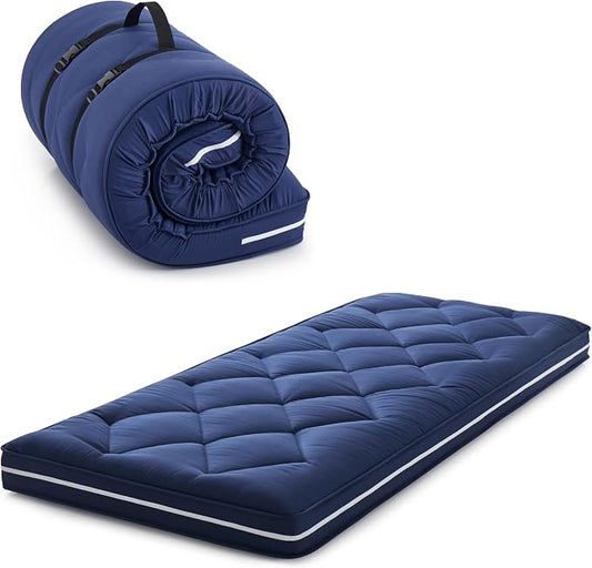 Jamdok 4Inch Floor Mattress,3 Layer Structure Cot Mattress Topper,Gel Memory Foam Futon Mattress,Removable Thickened Cover,Portable Roll Up Sleep Pad (Blue, 72X24)