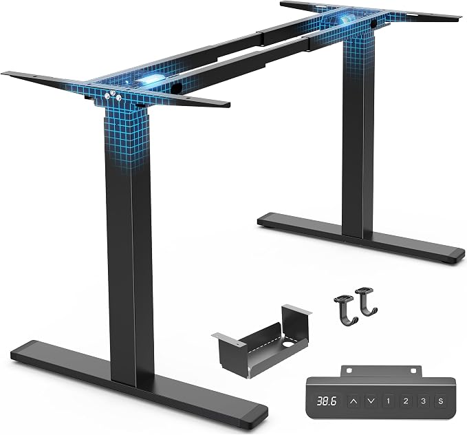 Huuger Dual Motor Electric Standing Desk Frame, Sit Stand up Desk Leg for 47.2” to 86.6” Desktop, Computer Desk Leg with Cable Tray, 3 Memory Height Presets, 2 Hooks, Black Frame Only, 1CD128B